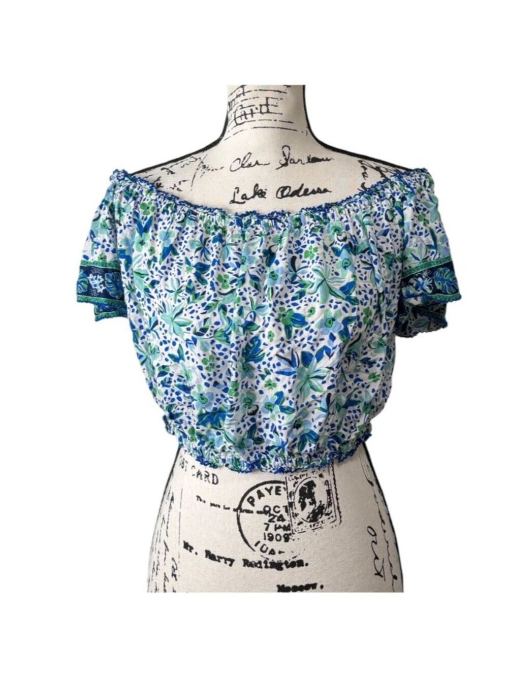 Poupette St Barth Womens M/L Camilla Top Off-Shoulder Crop Top Blue Green